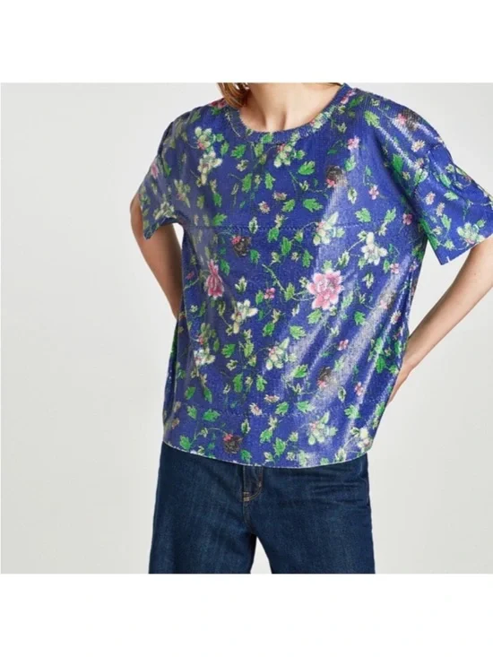 ZARA Blue Pink and Green Floral Sequin Top - Picture 5 of 8